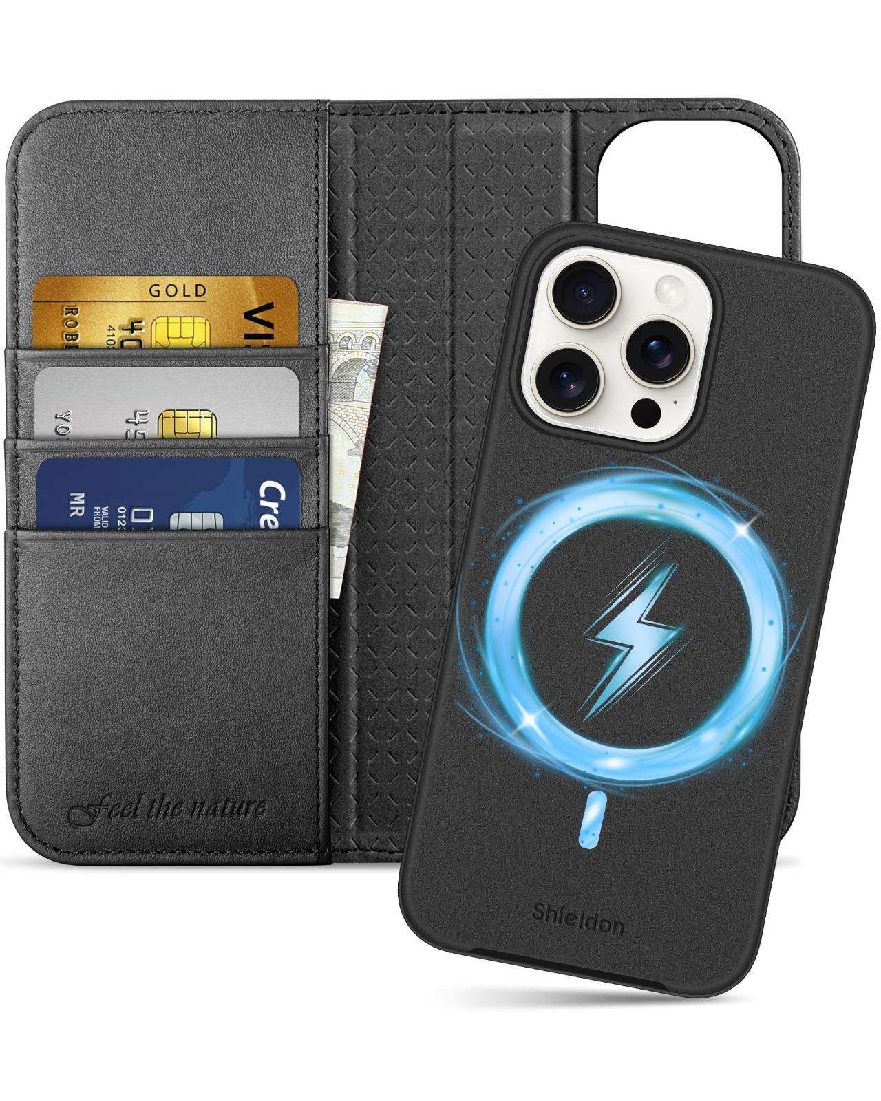 SHIELDON iPhone 15 Pro Max対応手帳型ケース 2in1分離式 本革 取り外し自由 アイホン15 プロマックス 携帯カバー 衝撃吸収 カード収納 横置きスタンド機能 マグネット内蔵 RFIDブロッキング 全面保護 あいふぉん