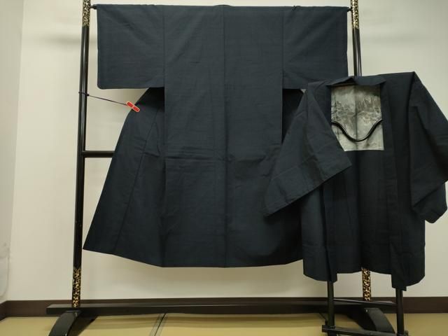 平和屋着物●男性　紬　アンサンブル　藍鉄色　正絹　逸品　DAAU0579tw 平和屋着物○男性 紬 アンサンブル 藍鉄色 正絹 逸品 DAAU0579tw