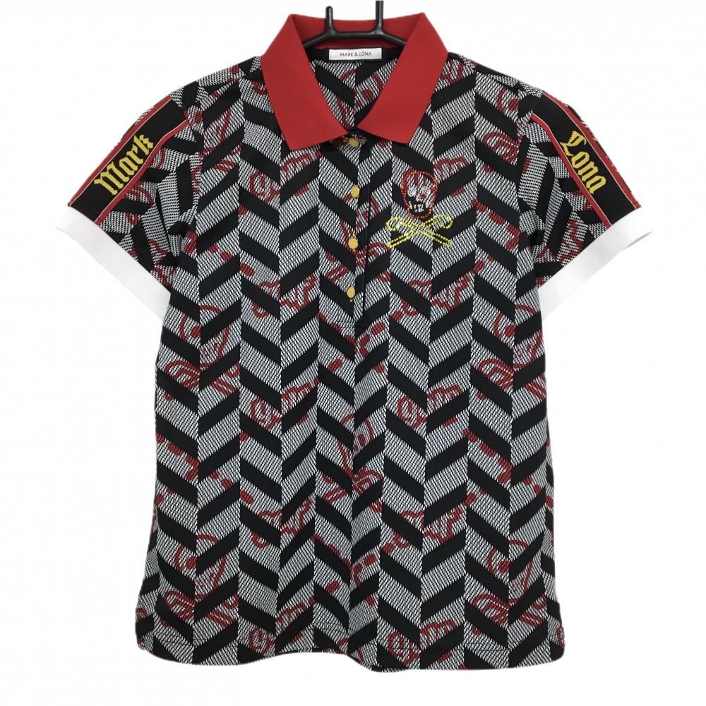 ★SALE価格★【超美品】マークアンドロナ 半袖ポロシャツ 黒×白×レッド ヘリンボーン スカル柄 レディース 38(M) ゴルフウェア MARK＆LONA