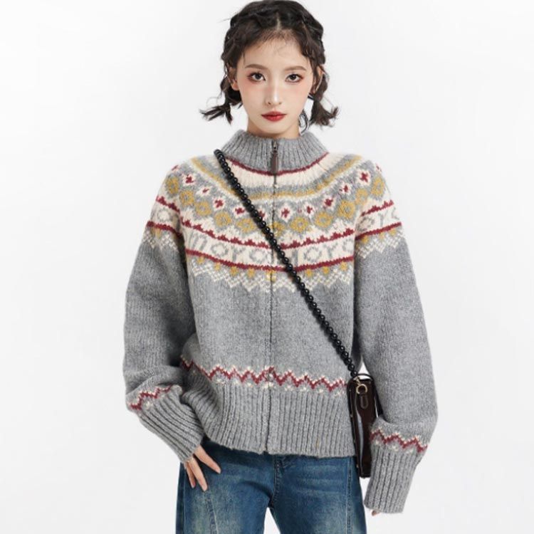 ニット セーター レディース ノルディック柄 カーディガン 長袖 ジップアップ 前開き エスニック ジャカード スタンド 立ち襟 春 秋 冬 レトロ カジュアル 北欧 pdd 9130