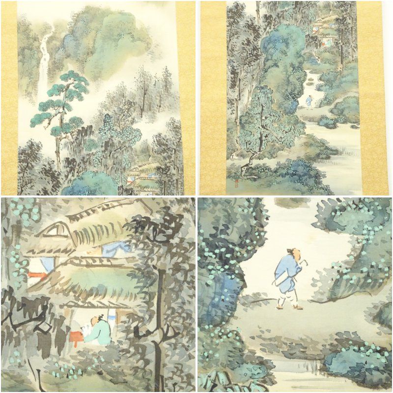 宮瀬泉城筆 林渓幽隠 彩色山水 肉筆絹本掛軸（共箱） 掛け軸 床の間 書