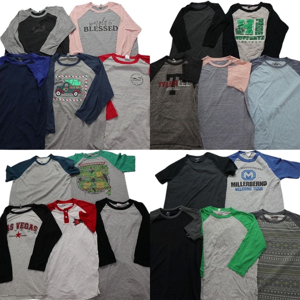 古着卸 まとめ売り ラグランスリーブ 半袖Tシャツ 20枚セット (メンズ S /M /L ) ヘンリーネック タートルズ 中古 古着 MY0109