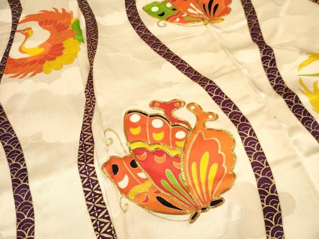 409ag38□七五三 七歳 女児 着物&袋帯 地紋 金駒刺繍 鶴 花□美品 楽天市場】七五三 着物 7歳 青色地 桜地紋 金コマ鞠 桜 四つ身
