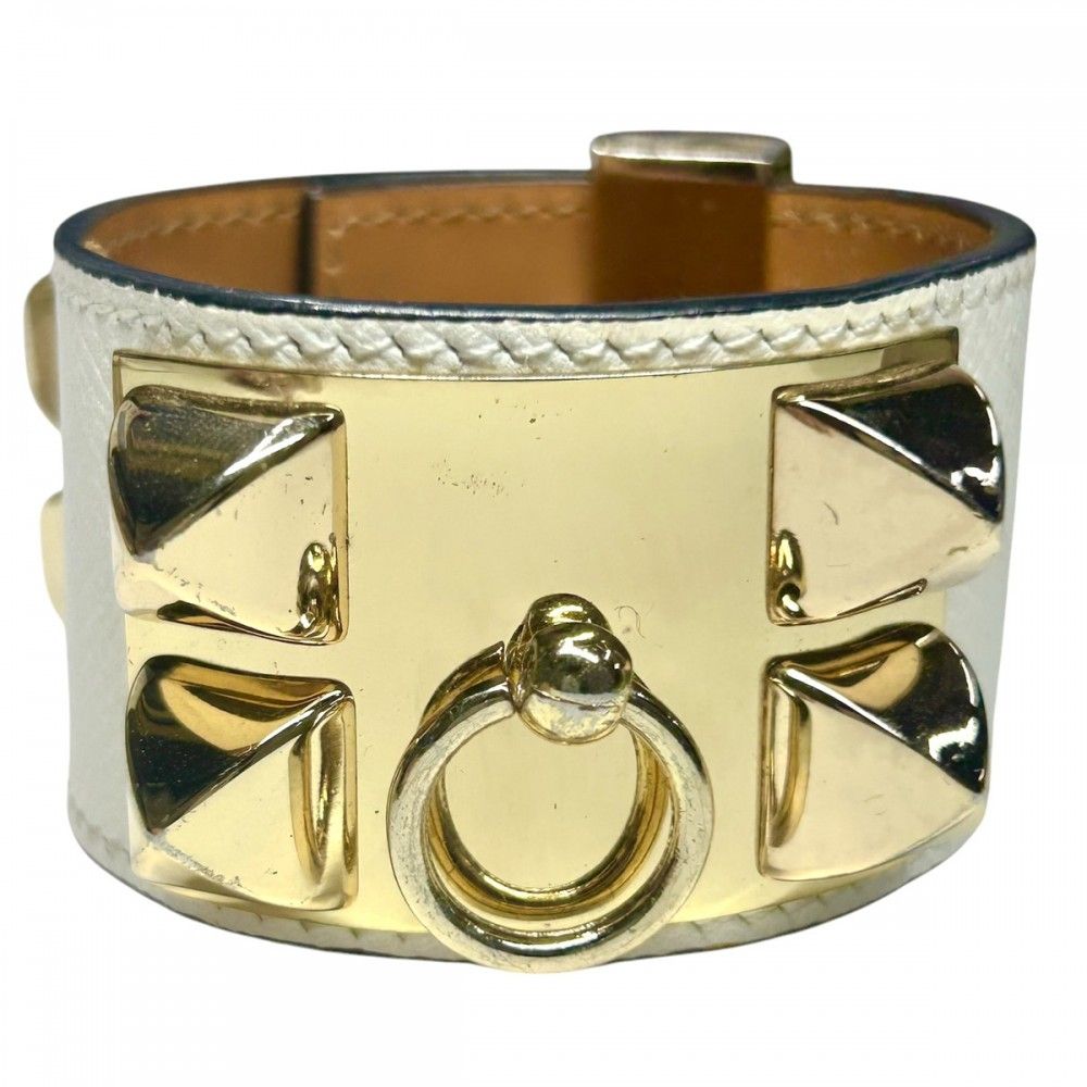 エルメス バングル レディース メドール コリエドシアン ブレスレット アクセサリー HERMES ヴォーエプソン □J刻印 ホワイト 白 ブラウン 茶 ゴールド金具 約115.8g 2006年