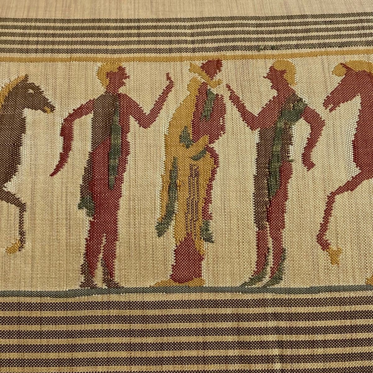 名古屋帯 秀品 紬地 人物 馬 薄茶色 正絹