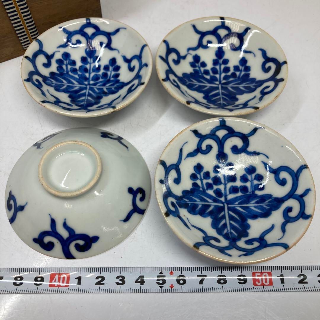 中国清時代 新渡青花盃4客 時代木箱付 直径8㎝ 本Y5-0306①タサコサ