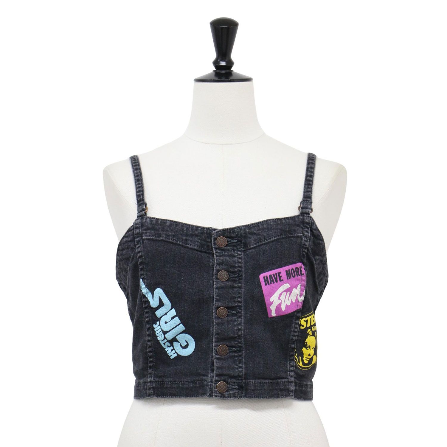 HYSTERIC GLAMOUR ヒステリックグラマー ビスチェ 黒 ブラック サイズ S | 加工 ストレッチ デニム ロゴ プリント ビスチェ | キャミソール ショート丈 コットン | トップス タンクトップ レディース