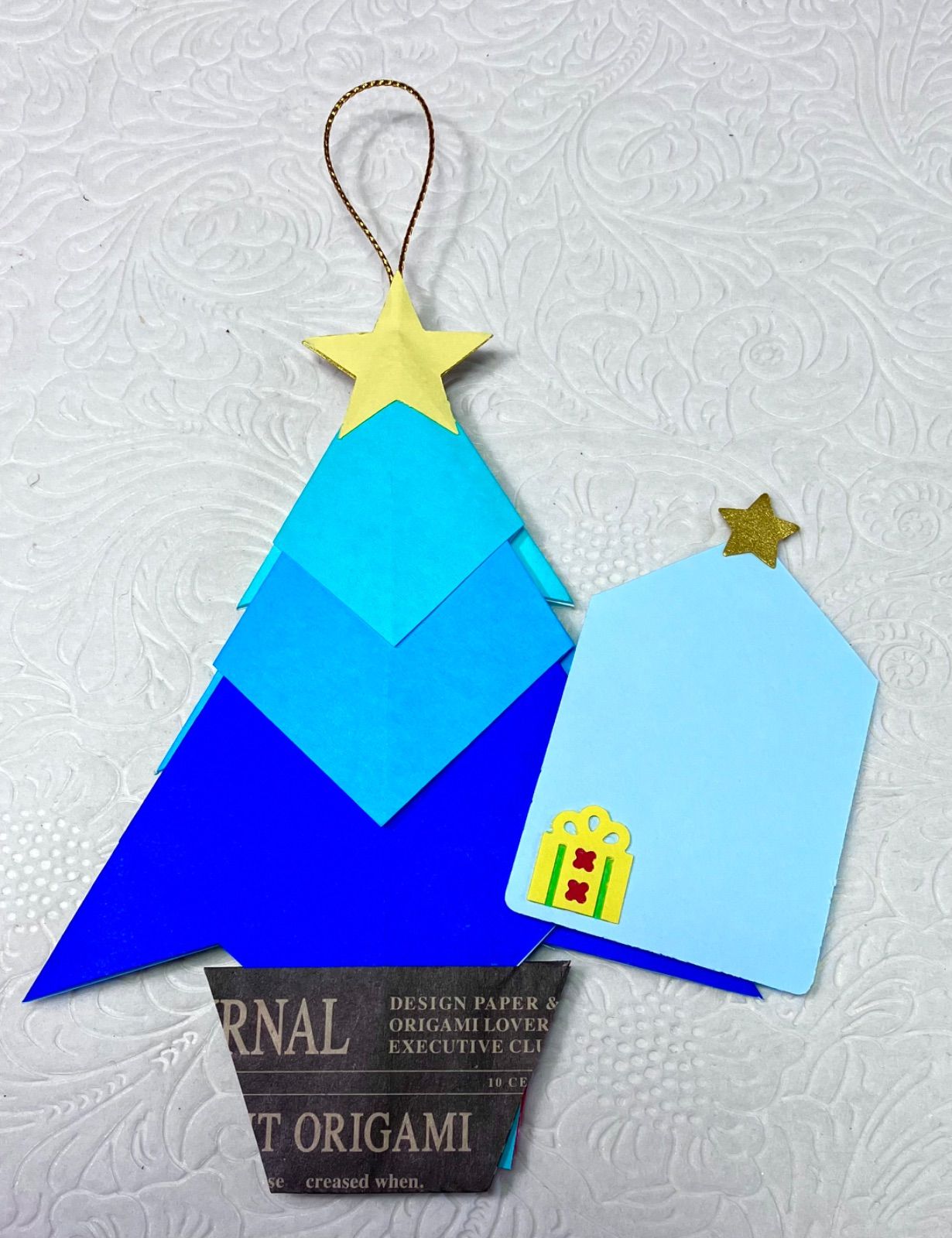 折り紙クリスマスツリー飾り2023、クリスマスカード付10点セット