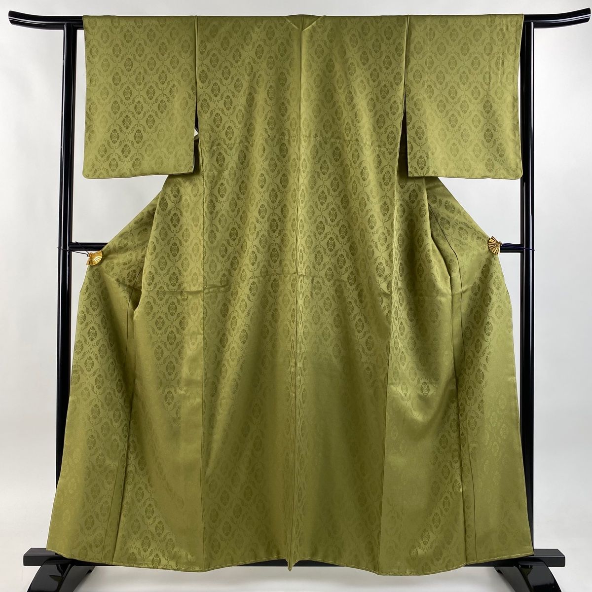 お召 身丈159cm 裄丈62cm S 袷 七宝 花 鶯色 正絹