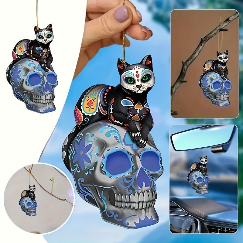 キーホルダー がいこつ ドクロ 猫 2D アクリル 8cm 頭蓋骨 ねこ
