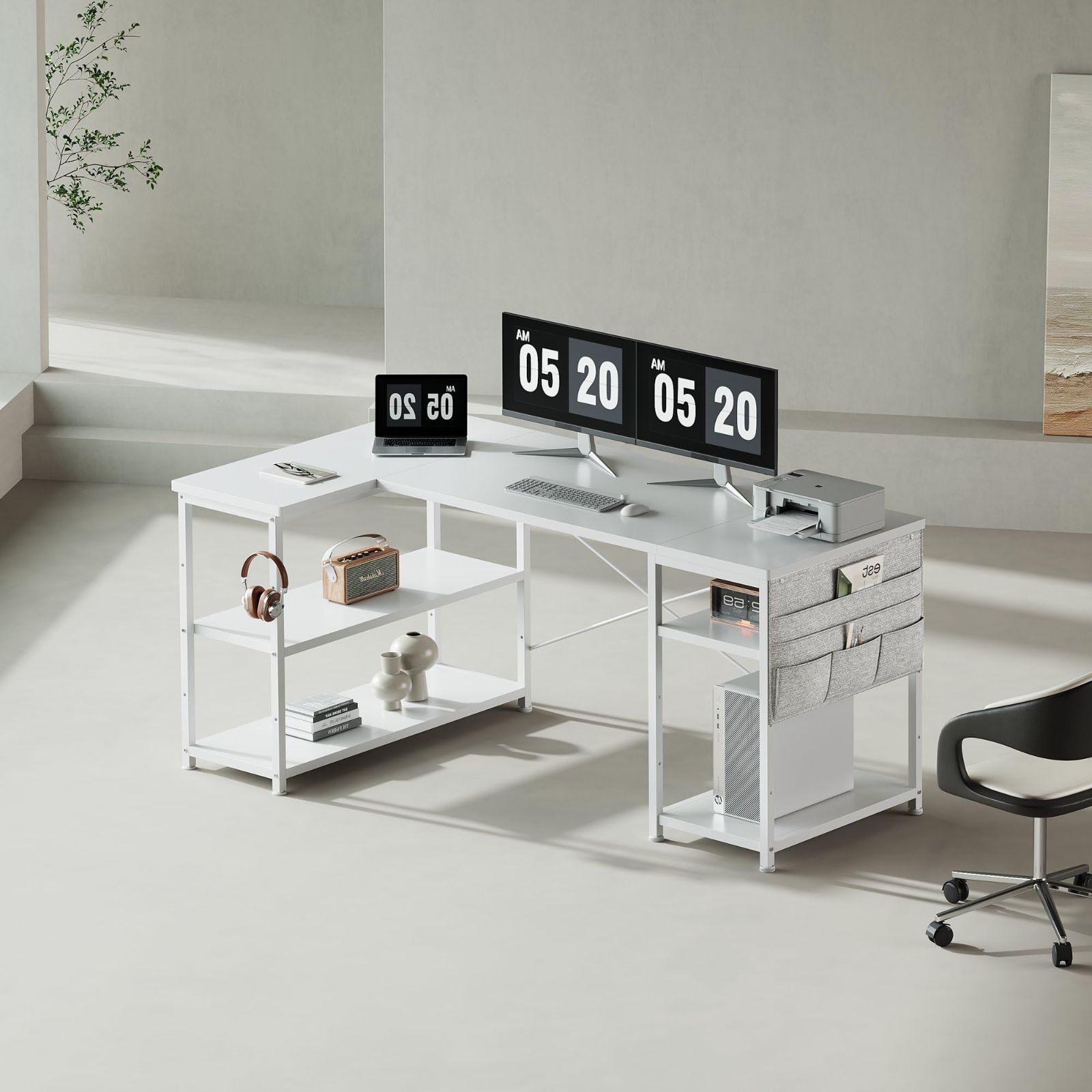 収納ラック付き 書斎 ゲーム リモートワーク 在宅勤務 作業 勉強机 PC L字型 白い 収納袋付き 棚板高さ調節 コーナーデスク pcデスク 幅150cm デスク ゲーミングデスク l字デスク YeTom MARWIL-DEMENAGEMENTS_CH