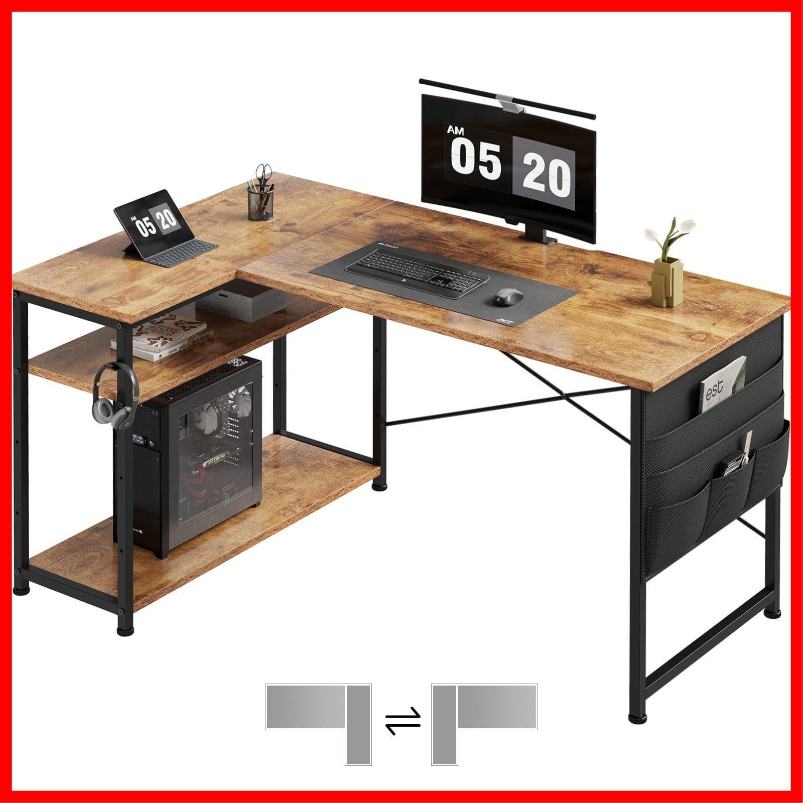 棚板高さ調節 つくえ 作業机 コーナーデスク 幅99cm L字型 右棚左棚 パソコンデスク リモートワーク 勉強机 学習机 ラック付き pcデスク 机 ピンテージ l字デスク Maihail