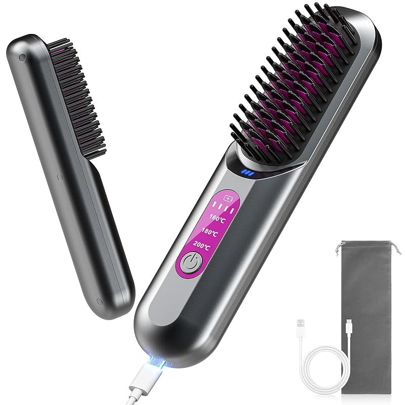 DSBWAN ヒートブラシ コードレス ブラシ型ヘアアイロン ストレートヘアアイロンブラシ マイナスイオン 5000mAh大容量 Type-C充電式 160～200℃ 3段階温度調整 セラミックコーティング 簡単ストレート 前髪 急速加熱 軽量 ヘアケア