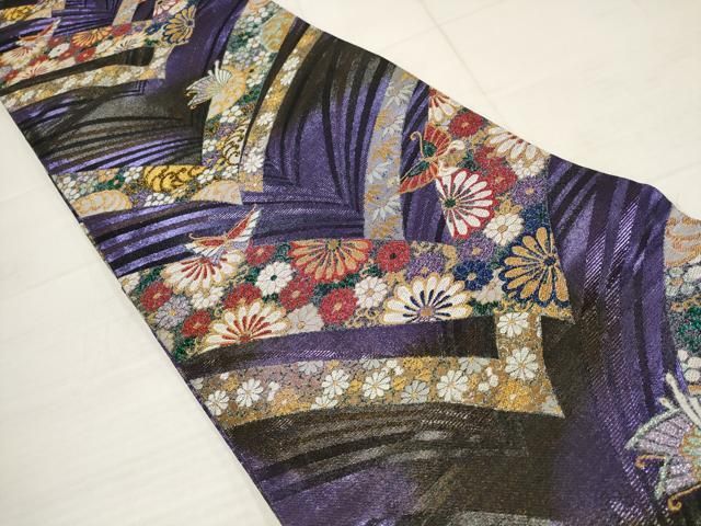 507y15☆長尺 袋帯 六通 金糸 斜め間道 モダン 黒☆美品 成人式 結婚式 平和屋着物▽両面六通柄袋帯 花蝶文 金糸 正絹 逸品 AABB4675wj