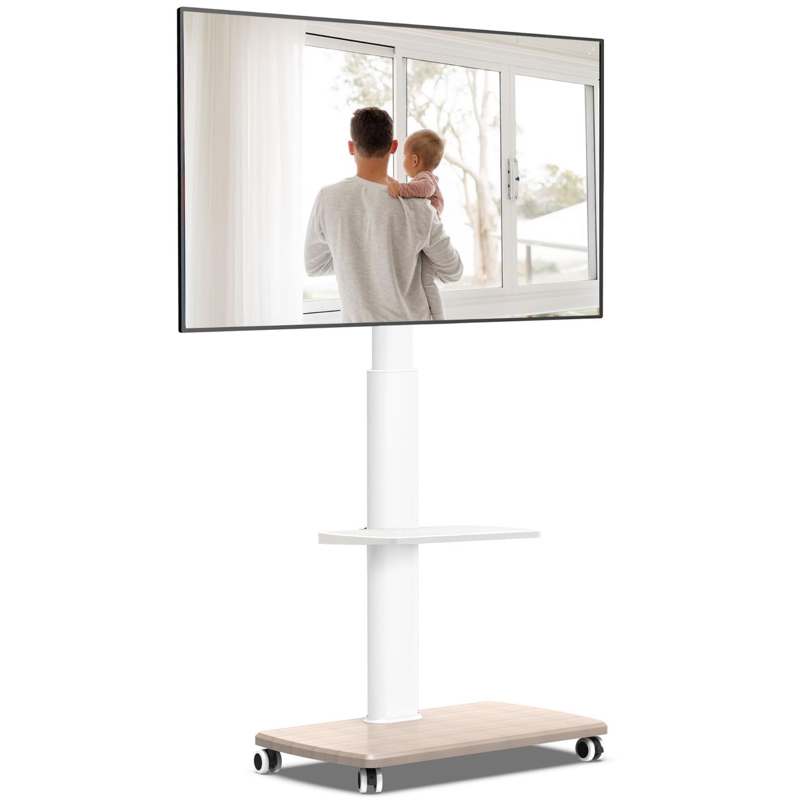 新着商品 幅60cmの木製台座 stand 耐荷重40kg tv 自立式 VESA600x400mmまで 移動式 高さ調整 tvスタンド ハイタイプ 左右首振り 壁寄せ テレビ台 棚板付き キャスター付き 木目調 32～70インチに対応 テレビスタン
