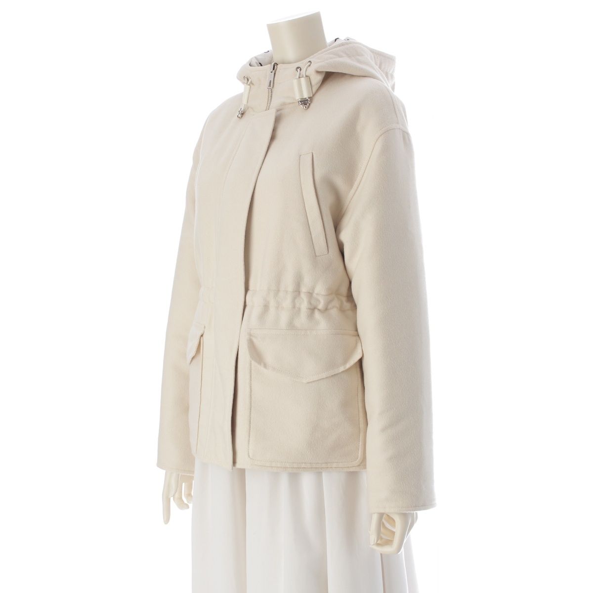 エルメス カシミヤ シェーヌダンクル フーデット 中綿 リバーシブル コート アウター 3E0123DA ホワイト 36