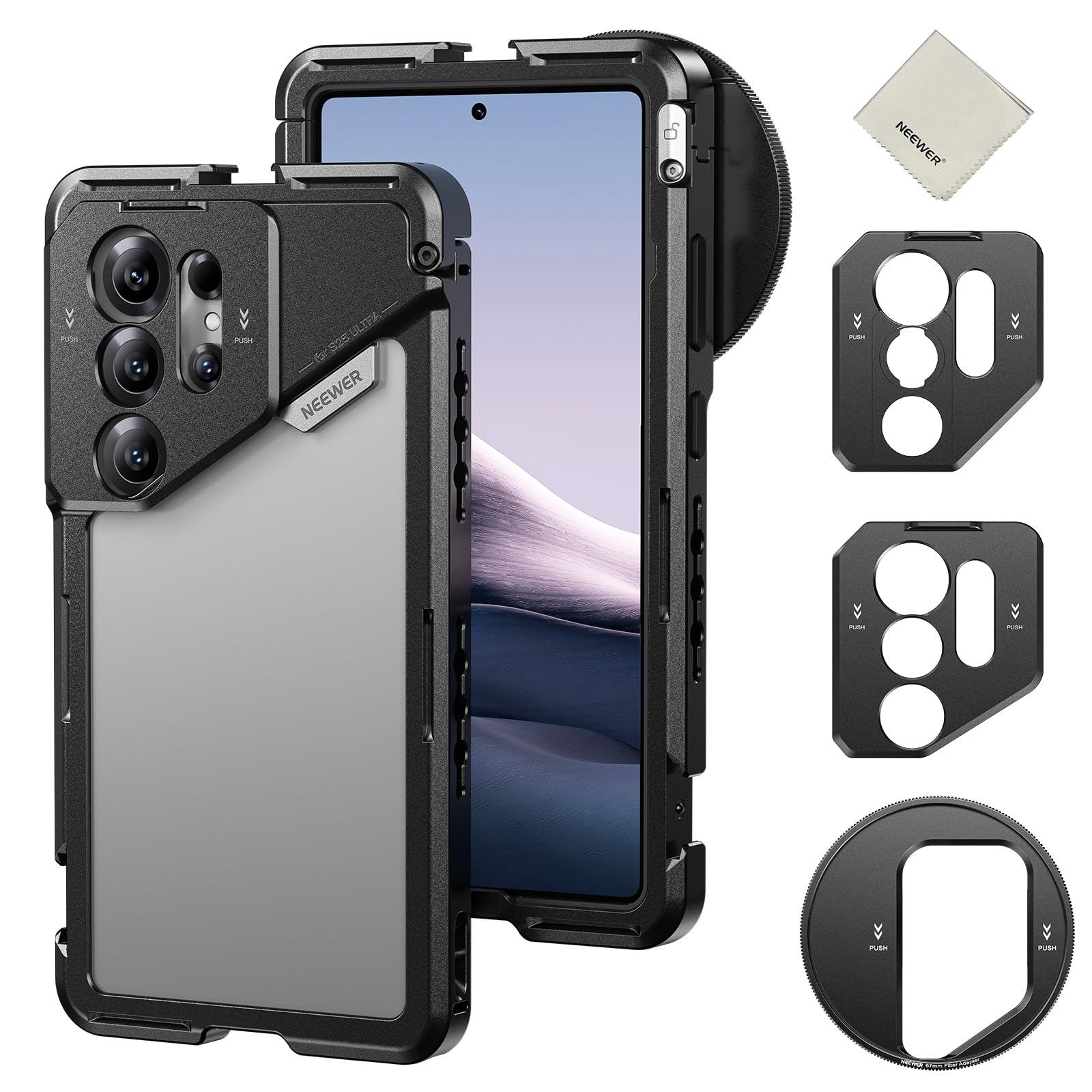 スマホケージ コンパチブル NEEWER Galaxy S25 Ultra スマホスタビライザー ビデオリグ 67mmフィルターアダプター|17mmレンズバックプレート|Tマウントアダプター|クリーニングクロス1枚付き ビデオ録画用 PA082