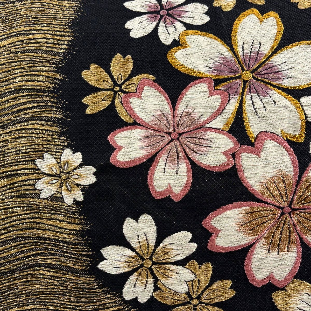 袋帯 美品 秀品 花蝶 波 金糸 箔 墨色 六通 正絹 【中古