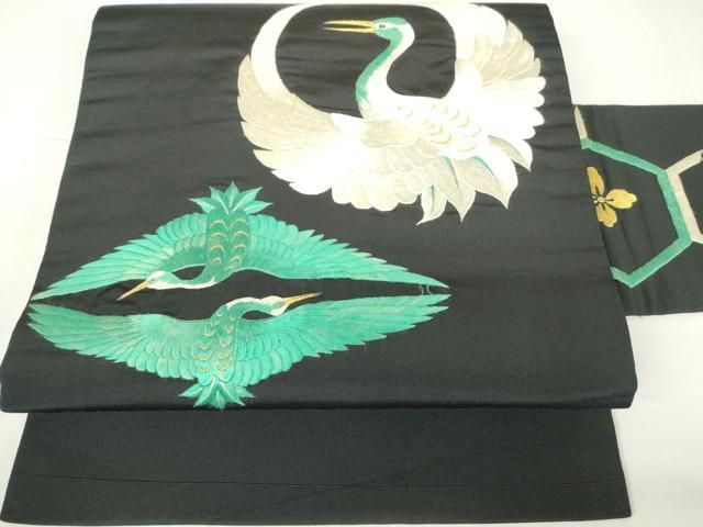 平和屋着物●アンティーク 大正ロマン 九寸名古屋帯 総刺繍 双鶴菱 黒地 金糸 正絹 DAAX3366az