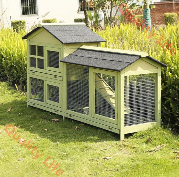 屋外用ウサギ小屋 傾斜ランとトレイ付きの2階建てウサギケージ