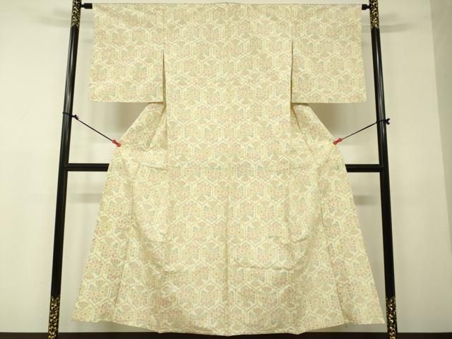 平和屋着物▽上質な紬 単衣 亀甲花文 正絹 逸品 DAAQ7802du