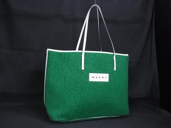 MARNI マルニ ウール×レザー リバーシブル トートバッグ ショルダー 肩掛けかばん グリーン系×アイボリー系 FN5855
