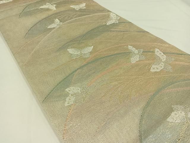 袋帯 胡蝶蘭 銀糸 ラメ糸 正絹 六通 振袖などにも ラベンダーグレー Q773 平和屋着物＊夏物 六通柄袋帯 舞蝶文 金銀糸 正絹 逸品