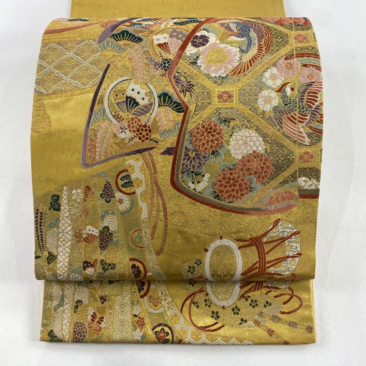 袋帯 秀品 証紙 小槌 花鳥 箔 黄土色 六通 正絹