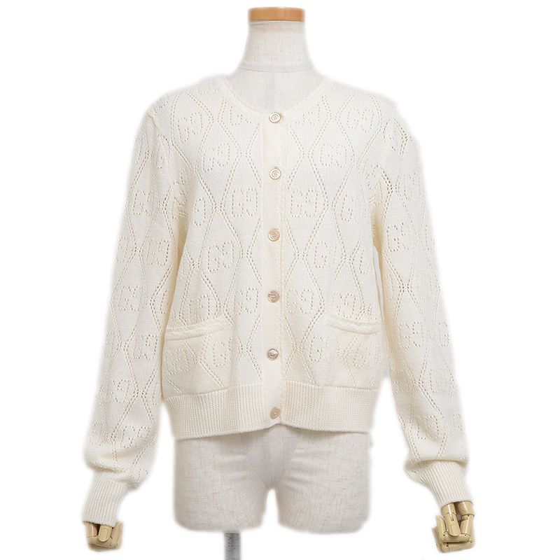 GUCCI - グッチ GGパーフォレーテッド ニットカーディガン ウール ベージュ 64211 グッチ GGパーフォレーテッド ニットカーディガン ウール