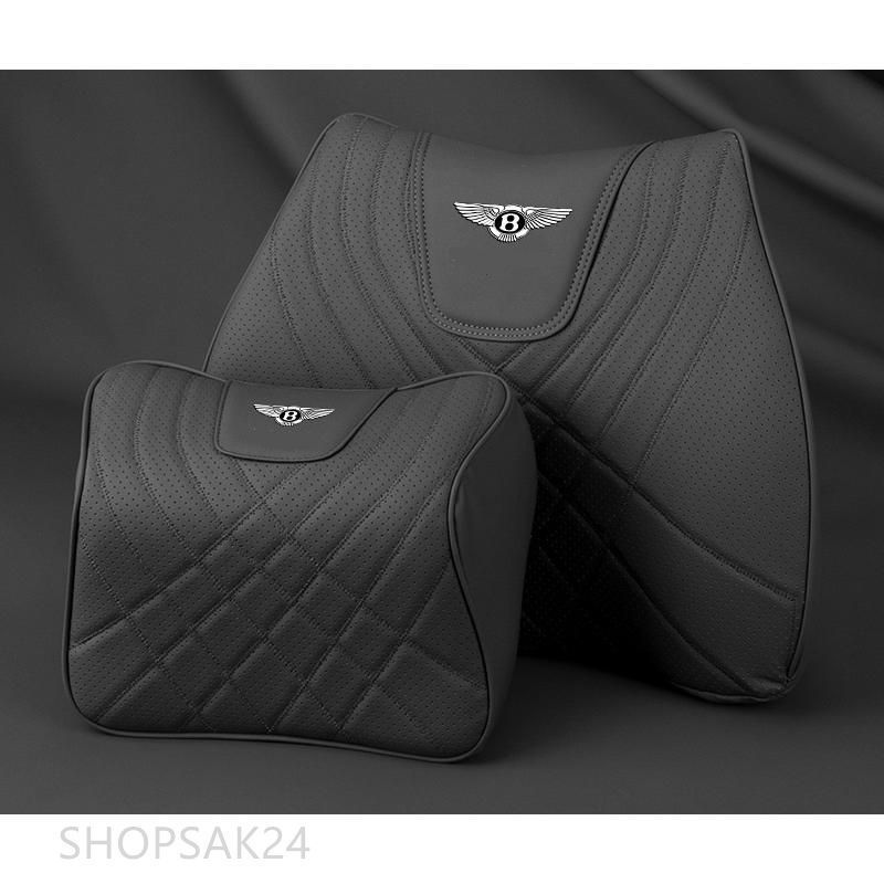 ◆ベントレー Bentley◆ブラック◆ネックパッド 腰クッション 車用 背もたれクッション ネックピロー ヘッドレスト ナッパレザー 低反発 背当て 通気性