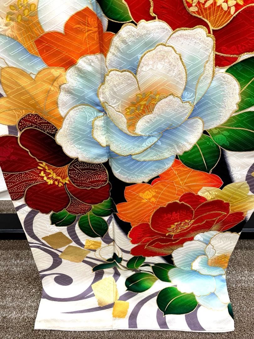 振袖 豪華 金彩 ラメ刺繍 椿 紋意匠 身丈169cm パールトーン加工