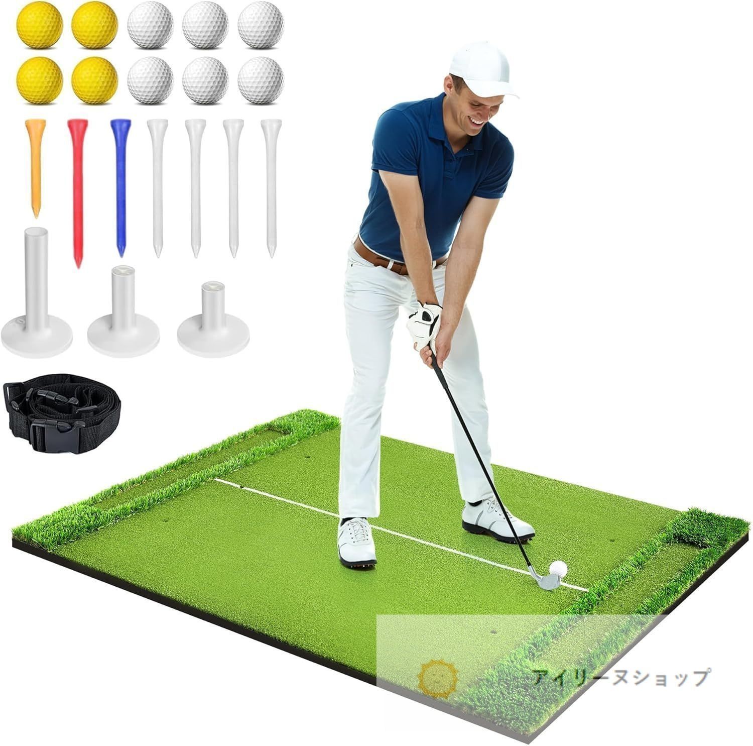 KOOPRO ゴルフマット 練習用 大型 2WAY芝 150×120cm ゴルフショット用マット ゴルフ 自宅 室内 屋外 素振り ドライバー スイング 練習用 人工芝マット ゴルフティー7個 ゴムティー3個 ゴルフボール10個 収納ベルト付き