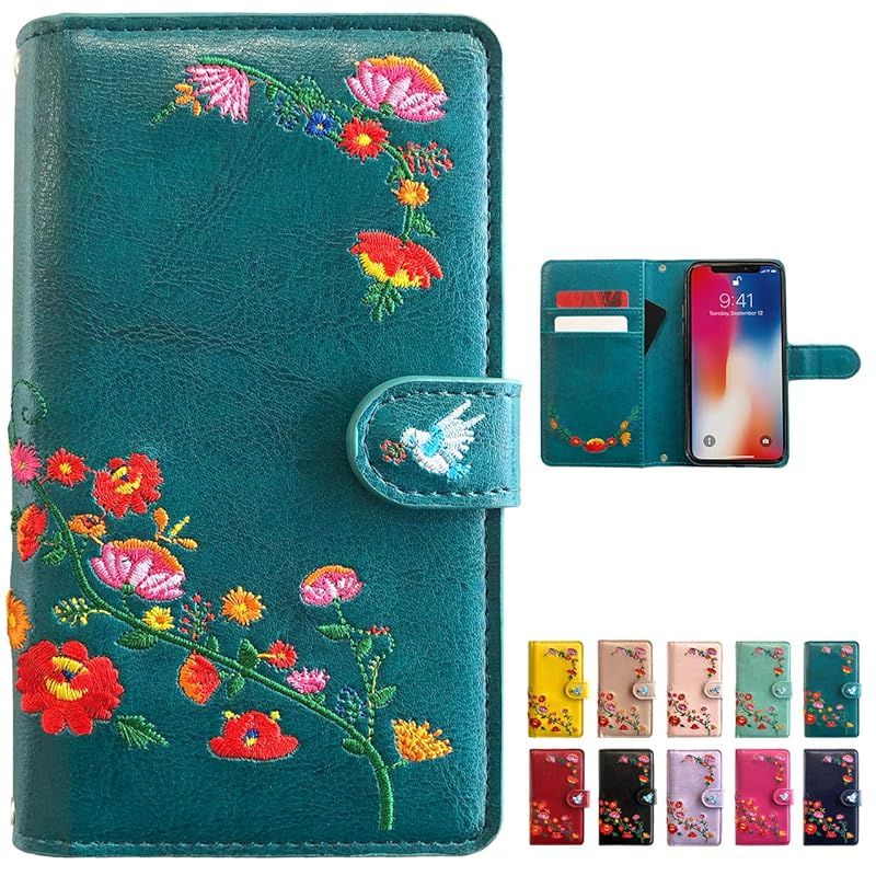 シンプルスマホ5 A001SH 花刺繍 ケース カバー 手帳型 ケース カバー 【ジェードバインターコイズ】 [内側黒TPU] シンプルスマホ5ケース シンプルスマホ5カバー A001SHケース A001SHカバー スマホケース スマホカバー 手帳型ケース 1