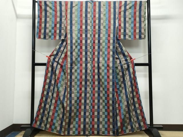 平和屋着物○上質な紬 市松文 正絹 逸品 CAAY2825vf