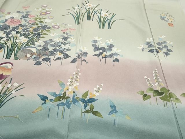 平和屋着物○訪問着 友禅 作家物 鴛鴦草花文 暈し染め 正絹 逸品