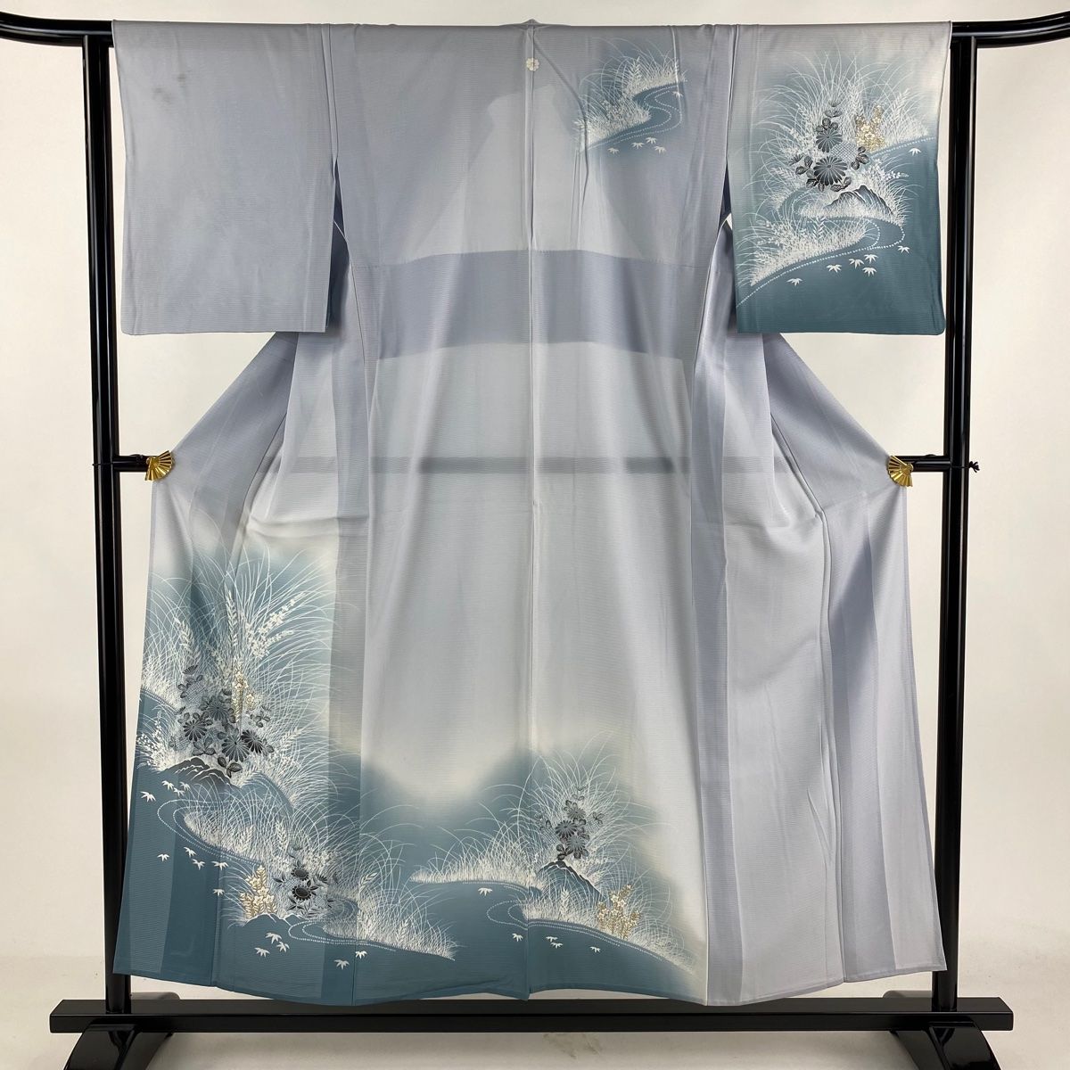 付下げ 身丈154cm 裄丈62.5cm S 薄物 絽 草花 流水 金彩 ぼかし 青灰色 正絹 秀品 一つ紋