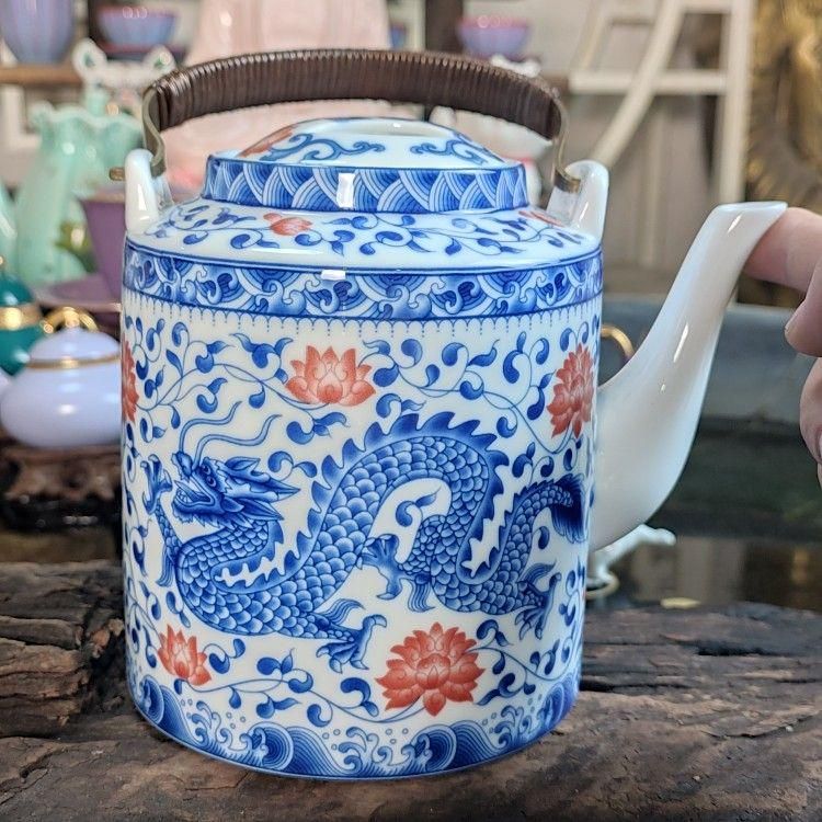 中国美術 青花龍鳳大提梁壺 大容量 磁器泡茶壺 涼水筒 煎茶道具