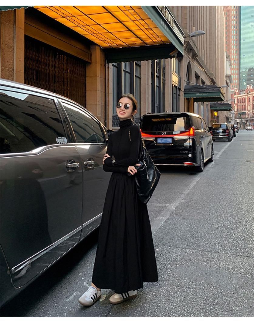 春のハイネックニットロングワンピースデートにも最適