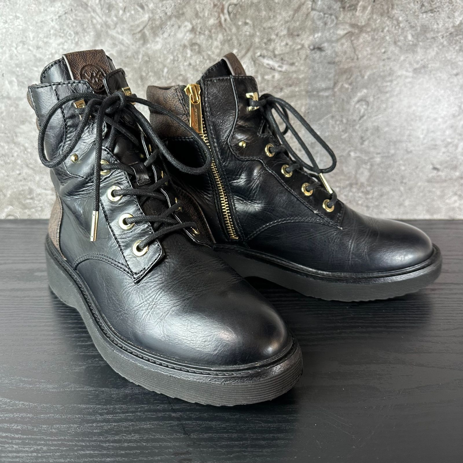 S393 MICHAEL KORS マイケルコース MKロゴ レースアップショートブーツ サイドジップ 黒ブラック 8M 25cm