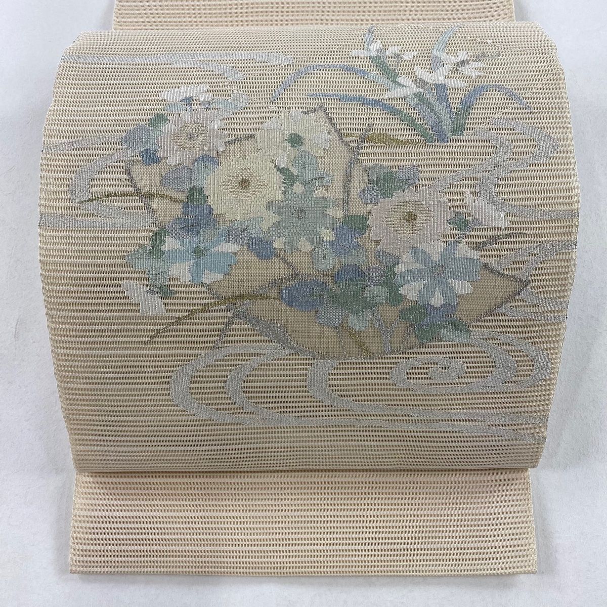 名古屋帯 秀品 夏帯 絽 八寸名古屋帯 草花 流水 金銀糸 ベージュ 正絹