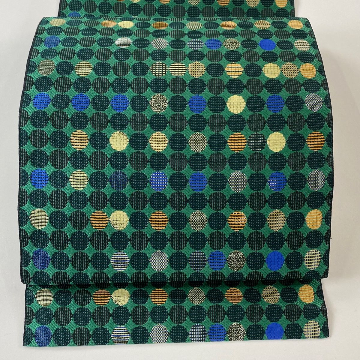 名古屋帯 秀品 八寸名古屋帯 松葉仕立て 丸文 緑 正絹