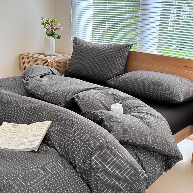 NSNLGSGC 布団カバー セミダブル 4点セット 布団かばー ベットカバー ベッド用 ダークグレー チェック 柄 韓国 洋式・和式兼用 洗い替え速乾タイプ 防ダニ