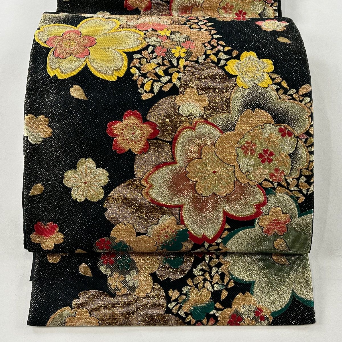 専用◼︎C1128高級袋帯 正絹 絵皿文 亀甲花菱文 テーブルランナー〜280cm 袋帯 美品 優品 花鳥 扇 金糸 箔 金色 六通 正絹 【中古】 袋帯 六通
