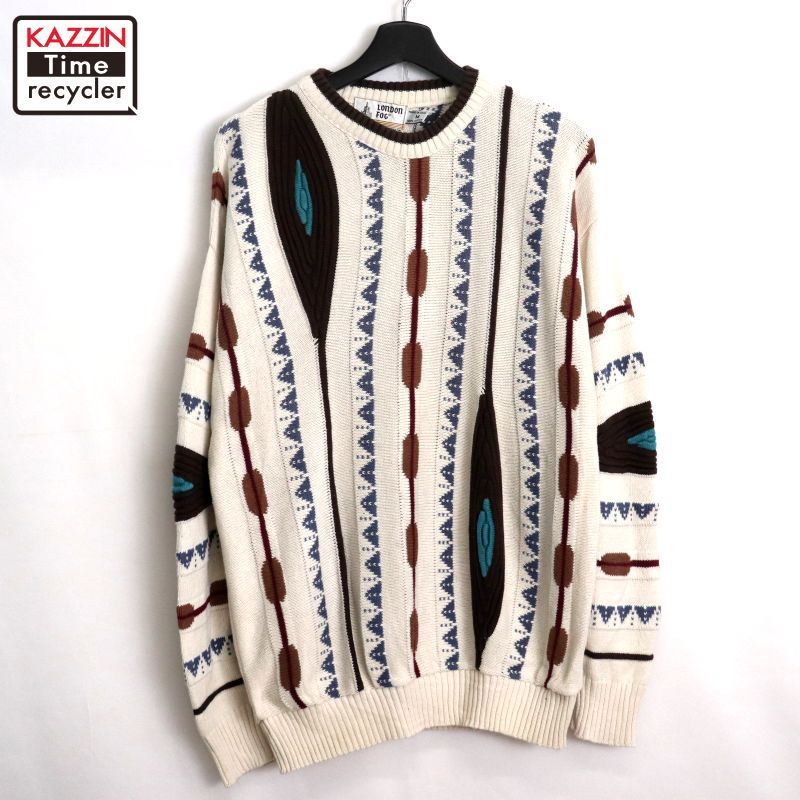 国内発送 90s ニットセーター コットン 3D 総柄 FOG LONDON vintage USA製 トップス