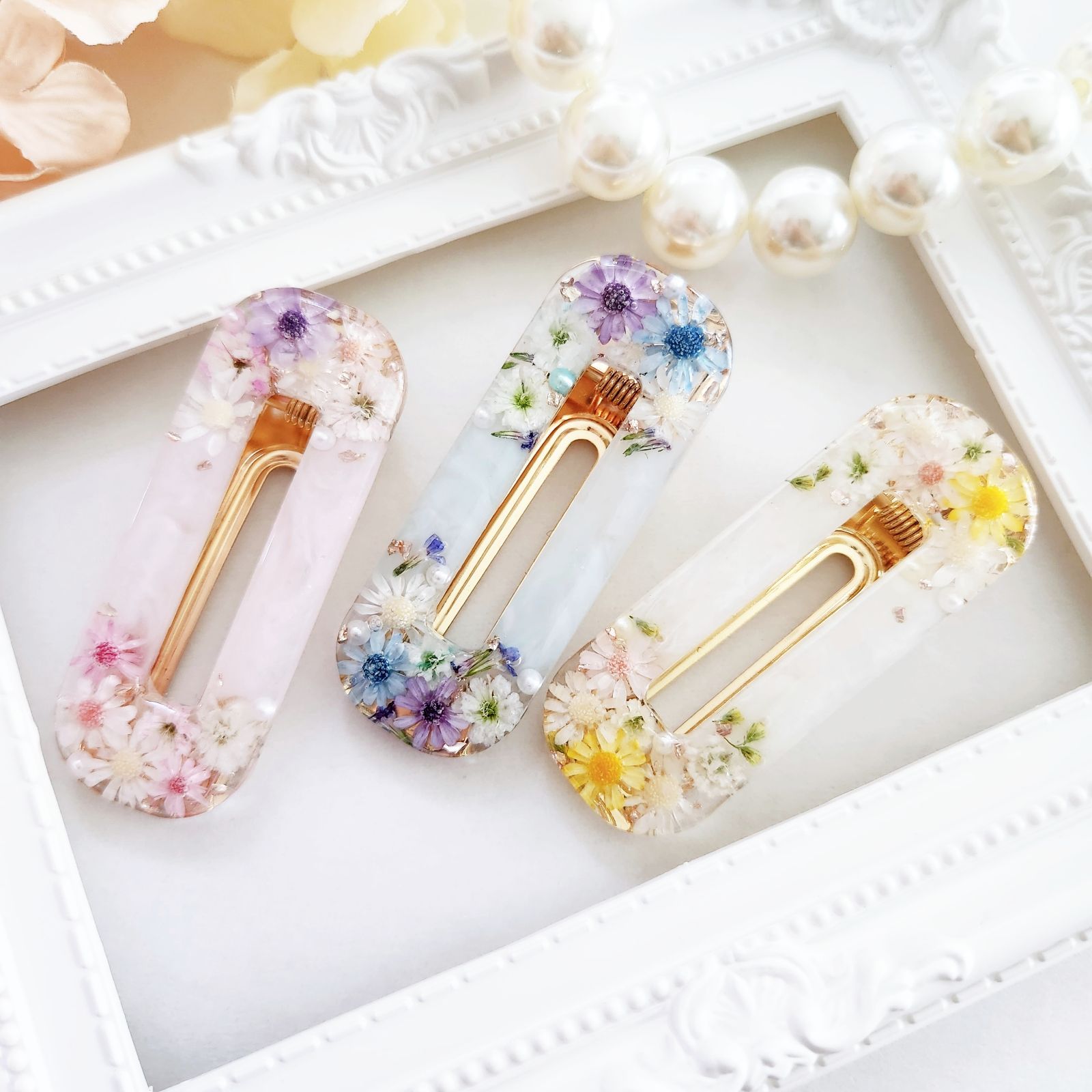 ドライフラワー ヘアクリップ 青 ピンク 黄色 ブルー イエロー 前髪  