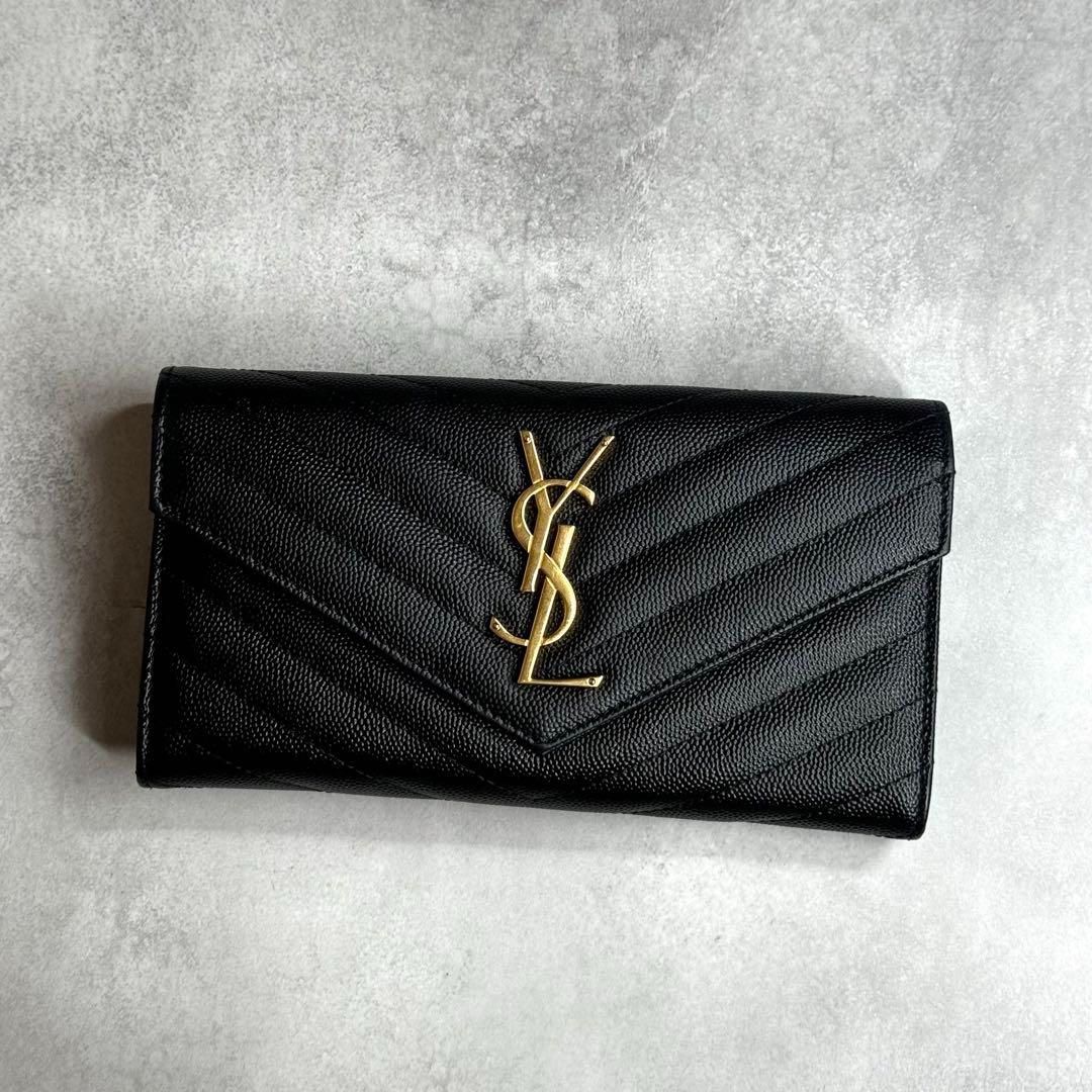 美品】サンローラン 長財布 ピンク フラップ Vステッチ キャビアスキン