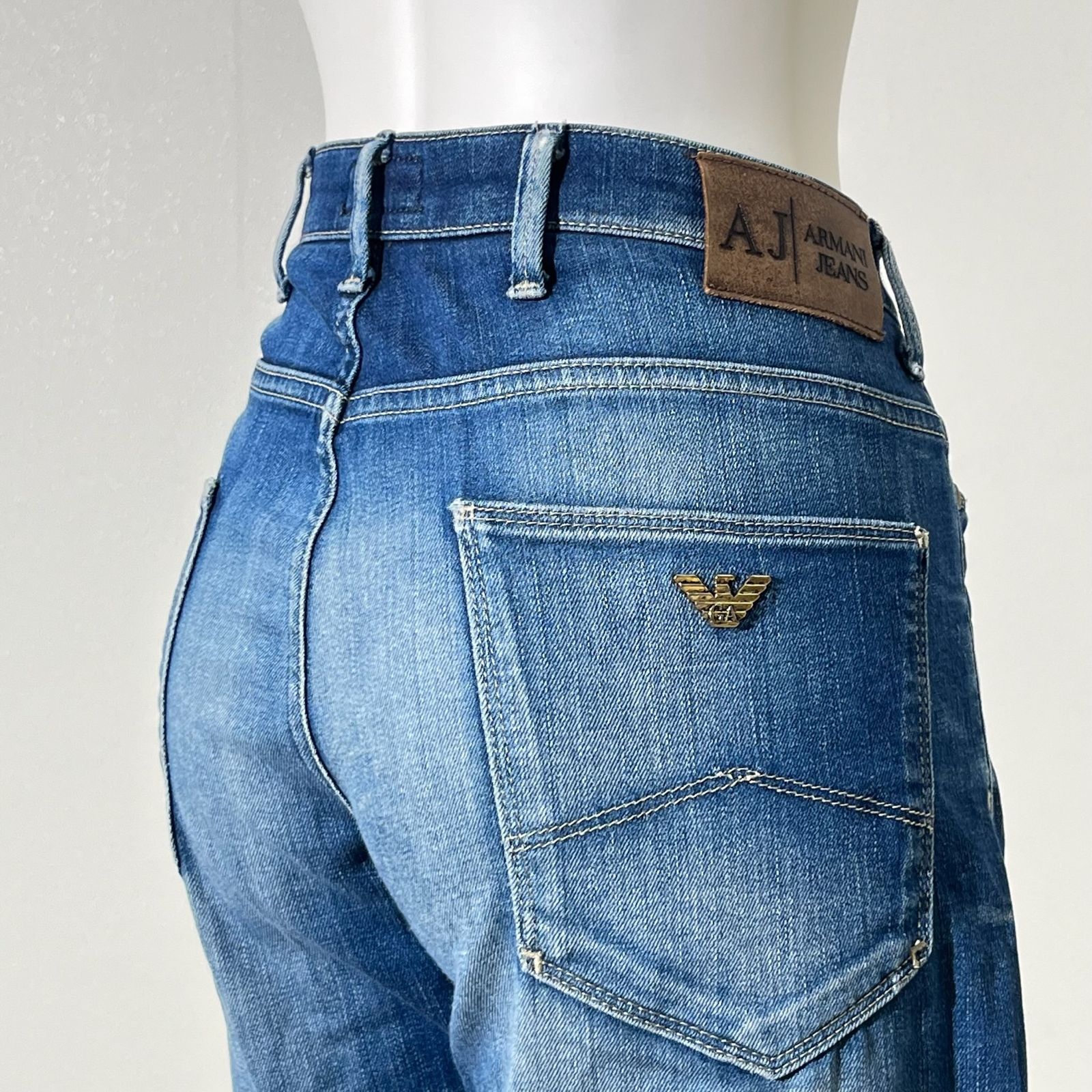 ★ARMANI JEANS アルマーニ ジーンズ ワッペン・レザートリム・シンチバック付き ヴィンテージ ストレッチデニムジャケット メンズ 48 アルマーニジーンズ ARMANI JEANS ワッペン ショルダーバッグ メンズ