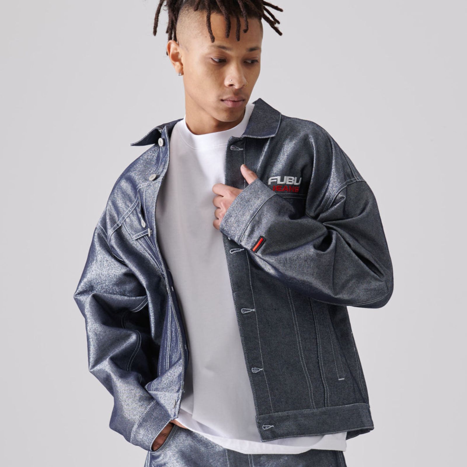 【新品未使用】FUBU 新作デニムジャケットM シルバー 新作】【FUBU／フブ・METALLIC DENIM JACKET ／メタリックデニム