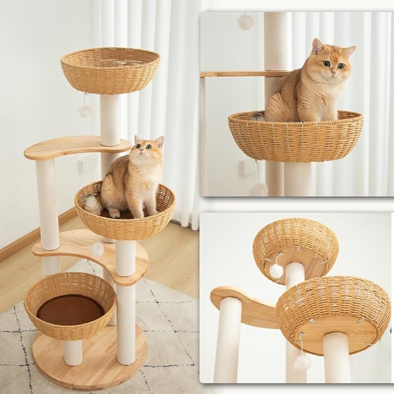 タイムセール LULUCAT キャットタワー 木製 据え置き 大型猫 おしゃれ ラバーウッド 手編みカゴ インテリア性 無垢材 多頭飼い スリム 夏冬兼用 天然木 見晴台付き 丸型土台 省スペース 成猫 子猫 猫タワー 宇宙船クリアボウル 中型猫 爪研ぎ ハンモック サ 0