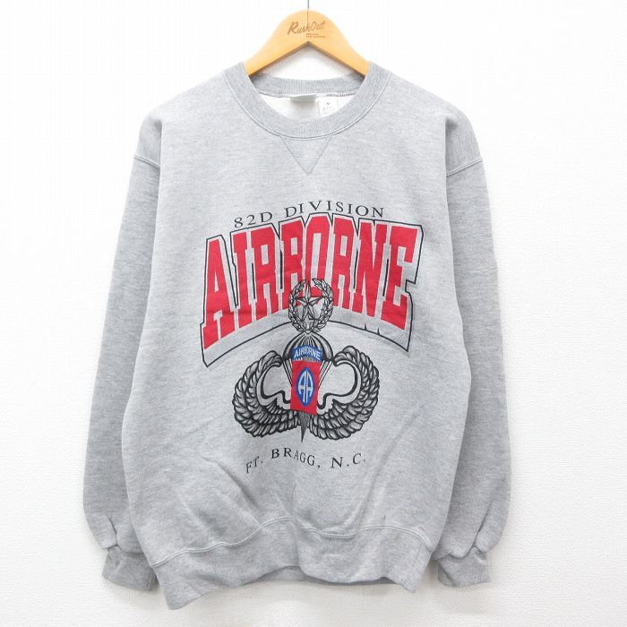 M/古着 長袖 スウェット メンズ 90s ミリタリー AIR BORNE パラシュート部隊 クルーネック グレー 霜降り spe 24sep17 中古 スエット トレ